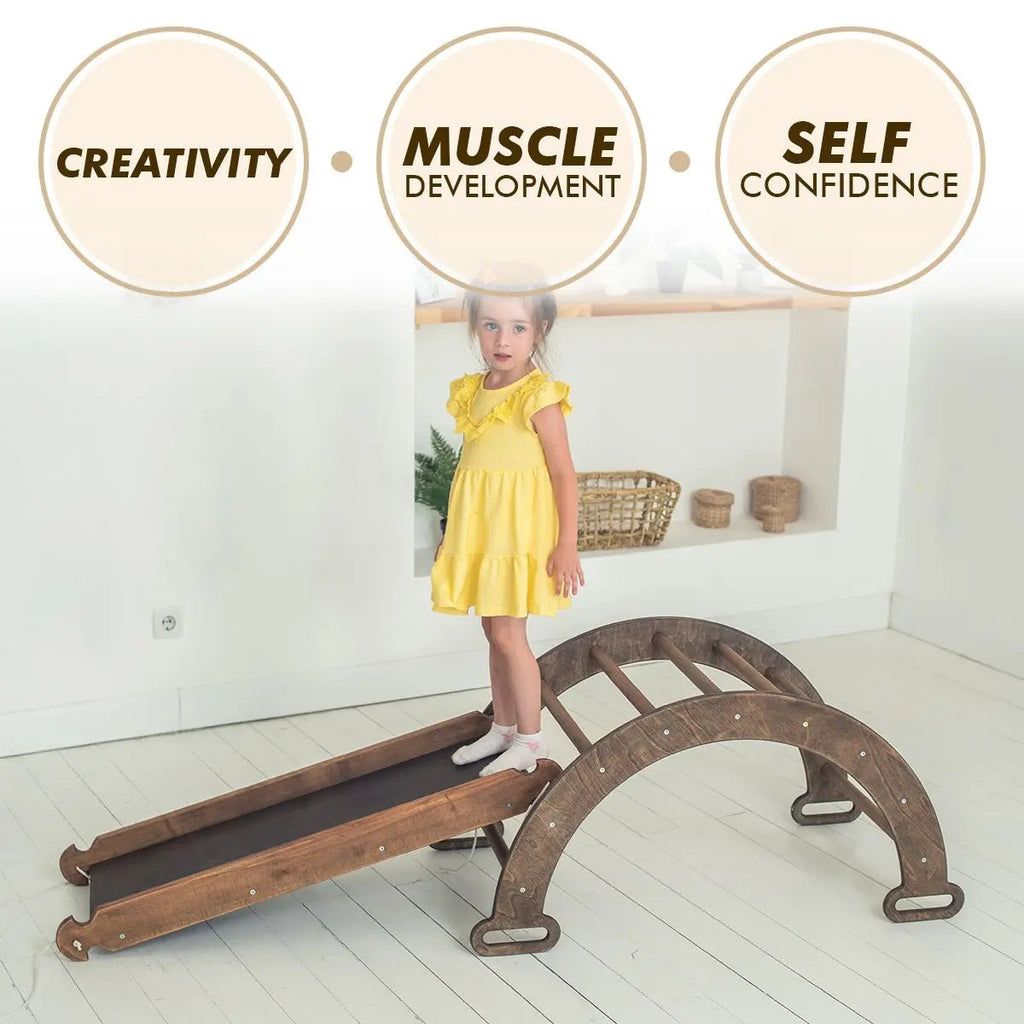 3in1 Montessori Climbing Set: Climbing Arch + Slide Board + Cushion – Chocolate